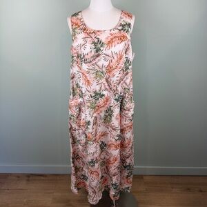 J. Jill Love Linen Tropical Print A-line Midi Sleeveless Dress Resort wear sz LP